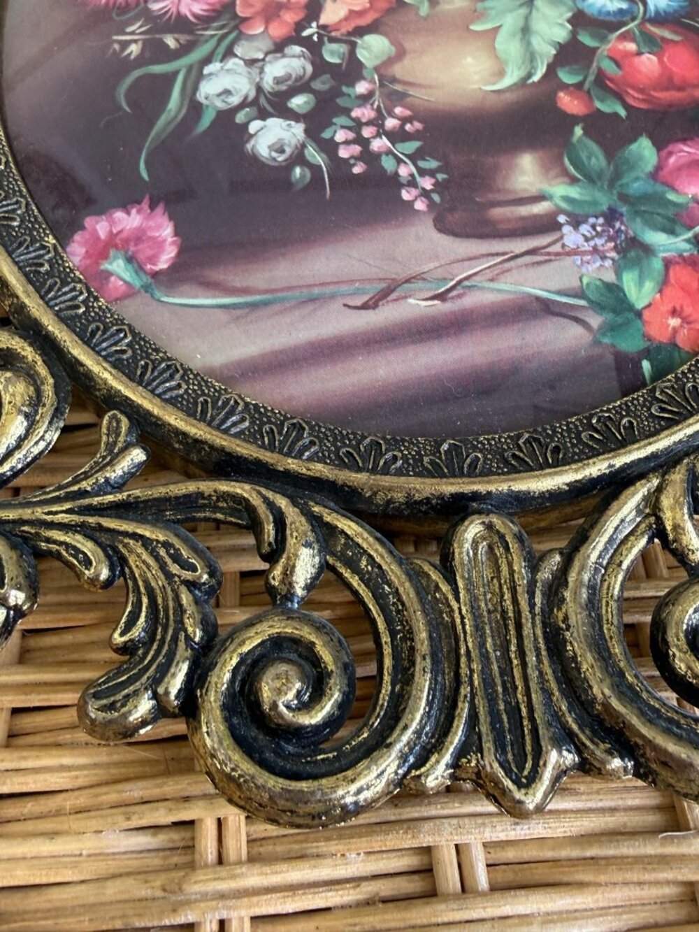 Vintage 1960s Italian Metal Frame Convex Glass Floral Bouquet Print 13x10" - Picture 7 of 11